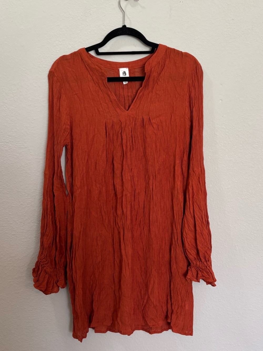 Rust Orange Crinkle Boho Long Sleeve Dress Size XL